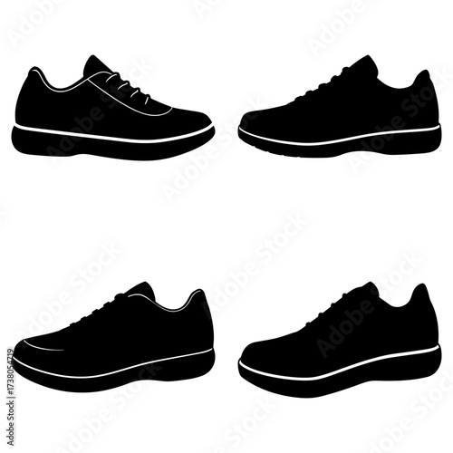 Silhouette illustration of four running shoes with laces and white soles on a white background