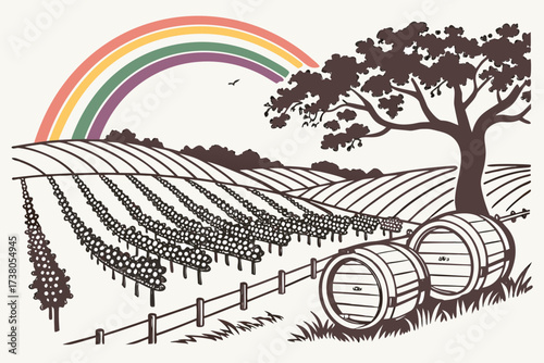 Vineyard with Rainbow and Wine Barrels grapes