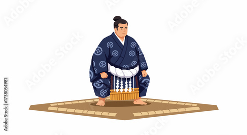 Sumo Wrestler Standing on Dohyo Ring in Traditional Mawashi.