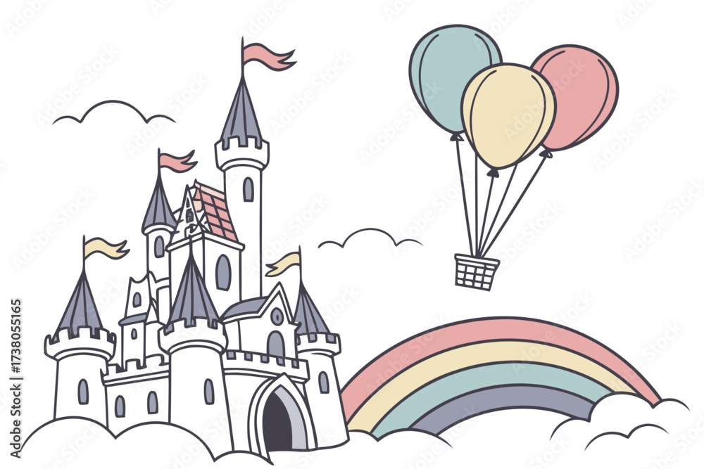 Fototapeta premium Whimsical Castle Floating with Balloons and Rainbow