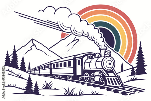 Vintage train with rainbow and mountains vector steam engine