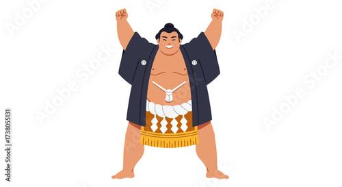 Cheerful Sumo Wrestler with Arms Raised in Victory.