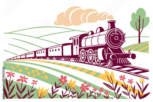 Vintage train travels through colorful countryside fields