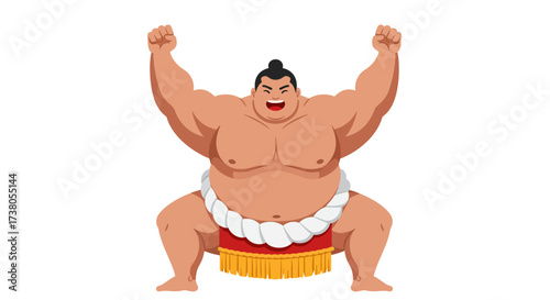 Cartoon Sumo Wrestler with Arms Raised in Victory.