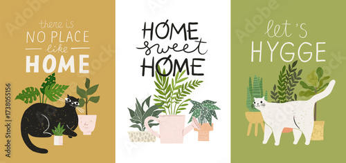 Awesome premade design vertical cards. Cozy home and cats illustrations, with lettering. Hygge quotes, motivational texts. For prints, greeting cards, social media, scrapbooking, posters, interior.