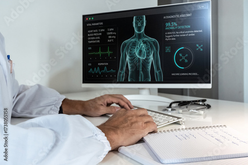 Doctor analyzing AI diagnostic data and patient vitals on a monitor, showcasing advanced healthcare technology integration