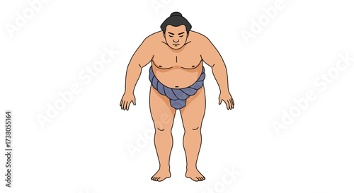 Cartoon Illustration of a Sumo Wrestler with Traditional Hairstyle and Mawashi.