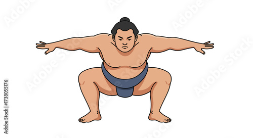 Cartoon Sumo Wrestler in Mawashi Stance with Topknot.