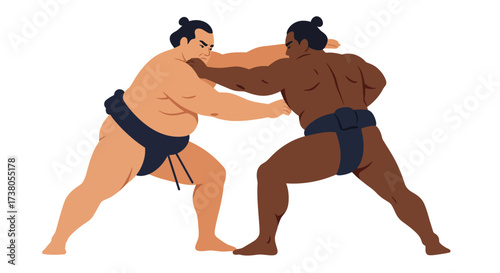 Two Sumo Wrestlers Engaging in a Bout Traditional Japanese Sport.
