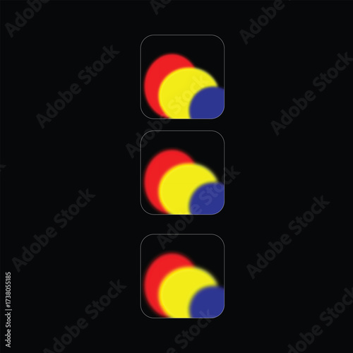 Three colorful abstract shapes on black background with a crosshair in middle