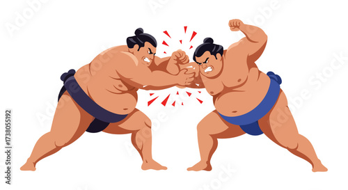Two Sumo Wrestlers Clashing in a Fierce Match with Red Impact Marks.