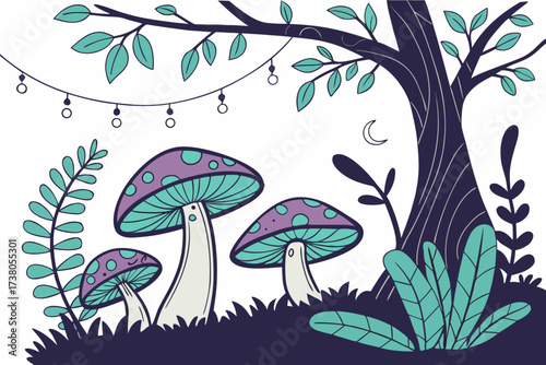 Whimsical forest scene with purple spotted mushrooms and glowing lights