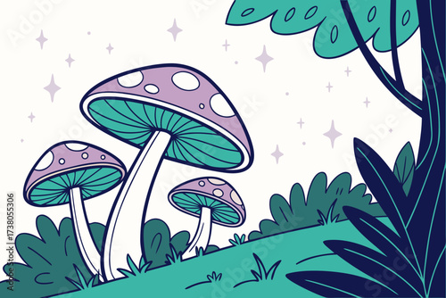 Whimsical forest scene with purple mushrooms and sparkling stars
