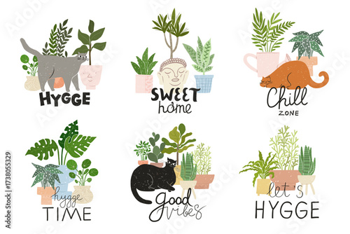Set of beautiful plants in pots and cats with lettering quotes. Cozy home, hygge, sweet home, chill zone, scandinavian lifestyle illustration templates. Potted plants, urban jungle. For prints.