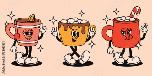 A set of groovy hot Christmas drinks characters in retro style. A cup of tea with lemon and hot chocolate. Flat vector illustration.