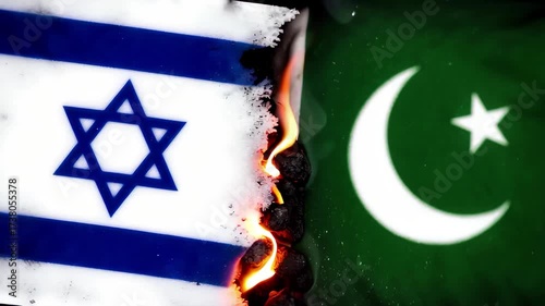 Burning divide between Israel and Pakistan flags macro close up