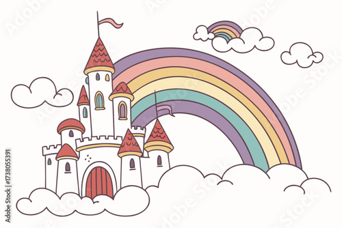 Whimsical Rainbow Castle in Clouds fantasy