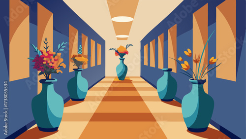 A hallway with handmade pottery vases each filled with wildflowers and adding a pop of color to the space.