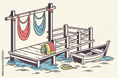 Wooden dock with fishing nets and boat on water fishing dock