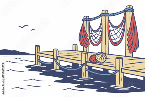 Wooden fishing dock with nets and balls on white background