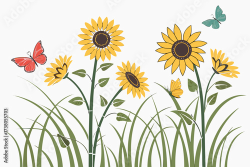 Yellow sunflowers with red blue and yellow butterflies