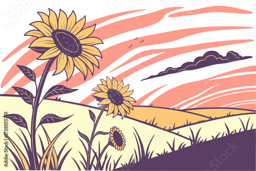 Yellow sunflowers in a stylized landscape with a colorful sky