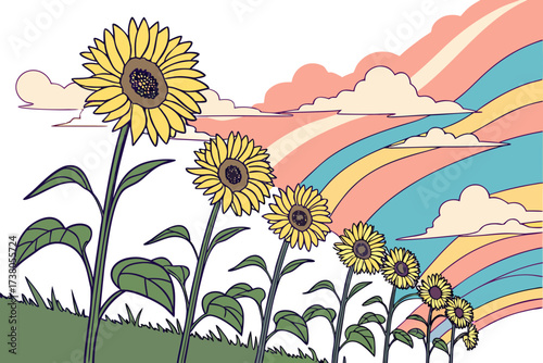 Yellow sunflowers in a field against a colorful sky