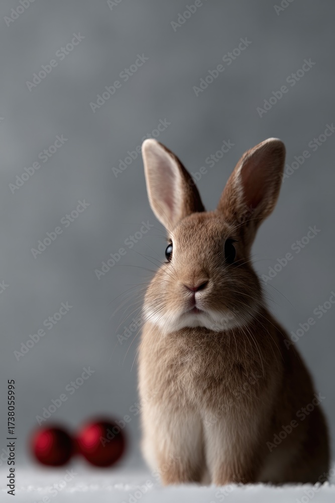 Fototapeta premium Soft brown rabbit sits gracefully with shiny ornaments, evoking