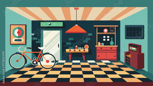 A garage turned game room with a vintage pinball machine a retro bicycle on display and a checkerboard floor.