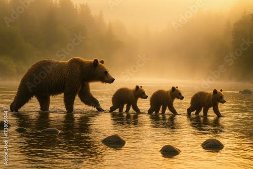 Realistic illustration of a brown bear with three cubs walking through a river at sunrise, with golden mist and forest in the background.