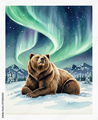 Watercolor of a brown bear resting in snowy wilderness under a vivid aurora borealis, with mountains and stars in the night sky.