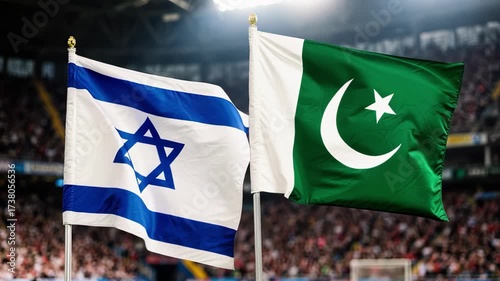 Gimbal close up of Israel and Pakistan flags at sports stadium