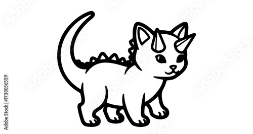 Illustration of a cute triceratops kitten with horns, tail, and spikes