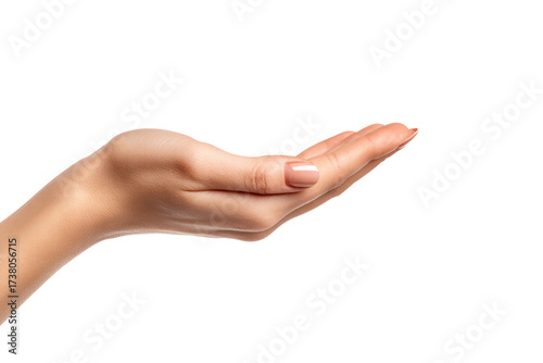 A hand is shown with a white background. The hand is open and the fingers are spread out. Concept of openness and generosity, png