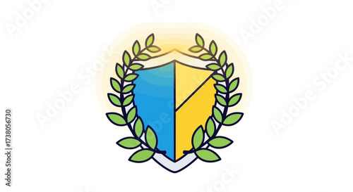 Emblem of protection and success with laurel wreath embracing colorful shield illustration