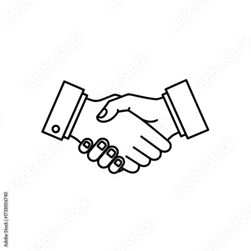 Black and white handshake illustration signifying agreement, business deal, or partnership. Handshake icon represents trust, collaboration, and consent in professional environment.