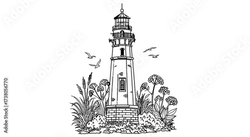 Detailed lighthouse illustration with surrounding flora and fauna, a beacon of hope