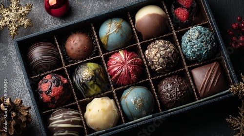 Indulge in a luxurious assortment of gourmet artisan chocolates, beautifully presented for a festive celebration or exquisite gift