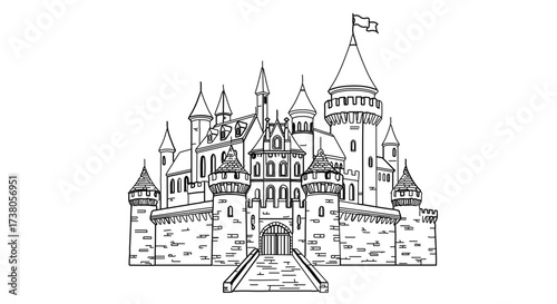 Detailed castle illustration, depicting a fairytale kingdom with towers and a flag
