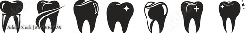 Black dental icons set featuring healthy tooth, cavity, crack, whitening, enamel care, and oral hygiene symbols. Perfect for dental clinic design, logo, or infographic use. Modern flat silhouette