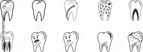 Dental icon set featuring implant, cracked tooth, cavity, oral health, and modern geometric tooth design. Perfect for dentist logo, clinic branding, and education materials. Minimal outline vector 