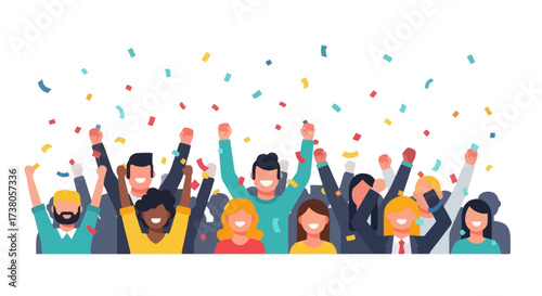 Enthusiastic group of diverse people celebrating with confetti, joyful office party atmosphere and