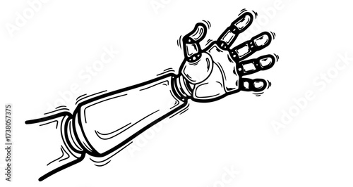 Line art illustration of a robotic arm, a symbol of technology and innovation