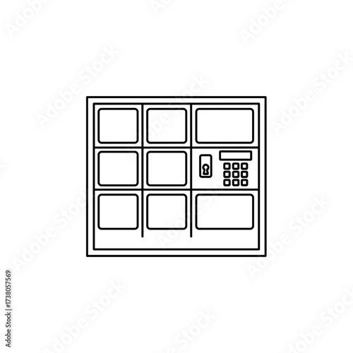 Depiction of parcel locker with delivery boxes for package pickup. Parcel locker units include secure storage compartments with electronic access.