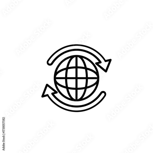 Global logistics illustrated with planet icon encircled by arrows. Global logistics represents worldwide shipment operations including transportation and delivery.