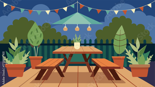A patio with a wooden picnic table string lights and a potted herb garden.
