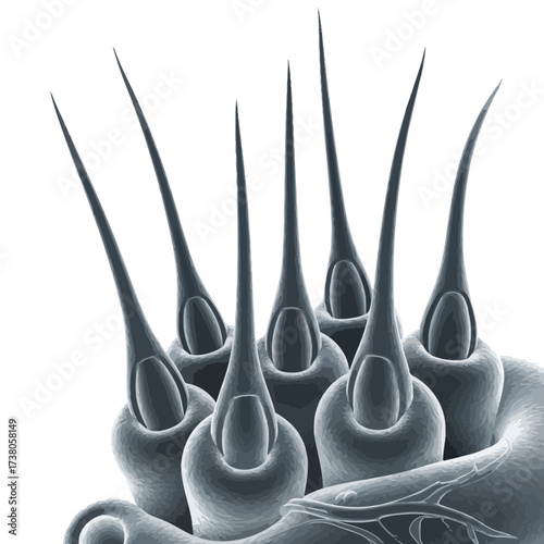 Ultra-Fine Cellular Detail of Cochlear Hair Cells (Electron Micrograph Style)