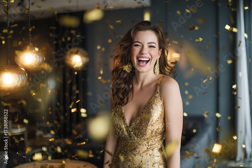 Joyful woman in a dazzling golden dress celebrating an exciting achievement with confetti showering down and warm ambient lighting