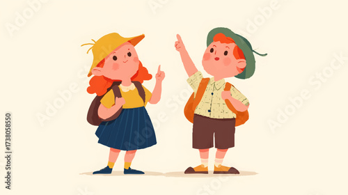 Illustration of two children in school uniforms with backpacks, smiling and pointing.