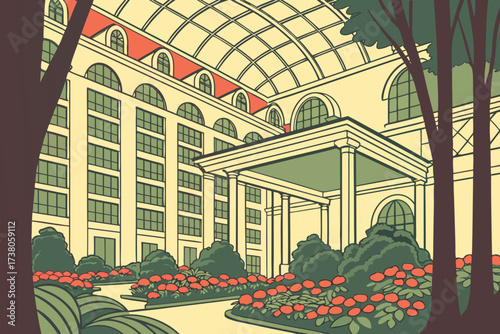 Opryland Hotel in Nashville, Tennessee, sprawling glass atrium filled with lush gardens